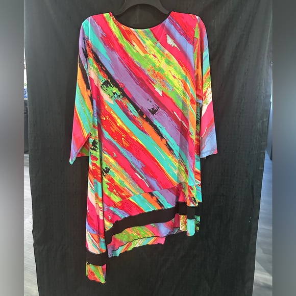 Peter Nygard Multicolor Abstract Stripe Tunic Top 3/4 Sleeve Artistic Blouse XL - Picture 3 of 3